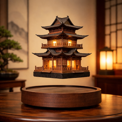 Magnetic Levitating Mini Pagoda Statue – Floating Ancient Architecture Tower with LED or Wooden Base, Zen Home Decor