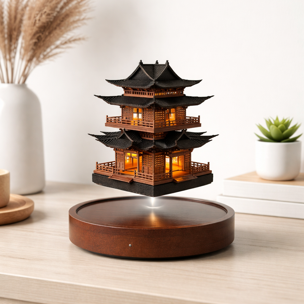 Magnetic Levitating Mini Pagoda Statue – Floating Ancient Architecture Tower with LED or Wooden Base, Zen Home Decor