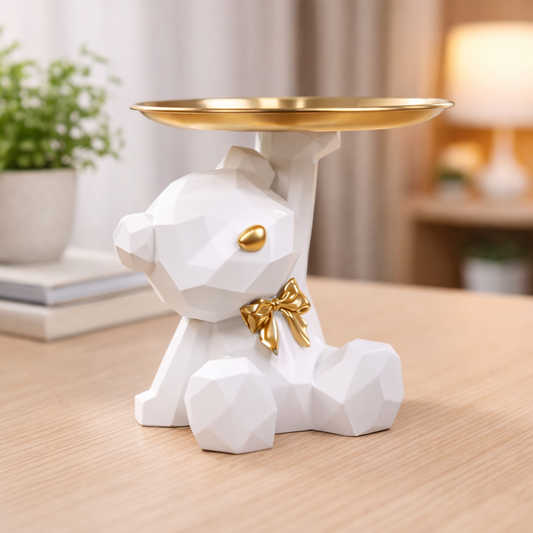 Kawaii Geometric Bear Tray with Butterfly – Decorative Storage Tray & Desktop Organizer for Home