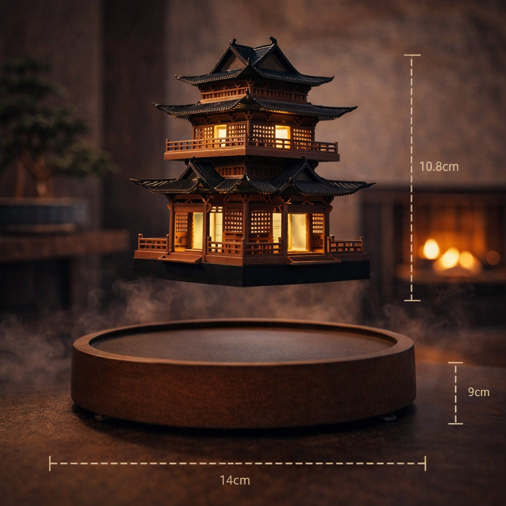 Magnetic Levitating Mini Pagoda Statue – Floating Ancient Architecture Tower with LED or Wooden Base, Zen Home Decor