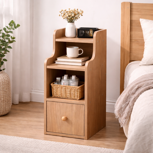 Slim White Narrow Bedside Table with Drawer & Open Shelf